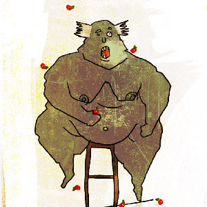 Digital painting of a large green man eating strawberries while sitting on a stool.