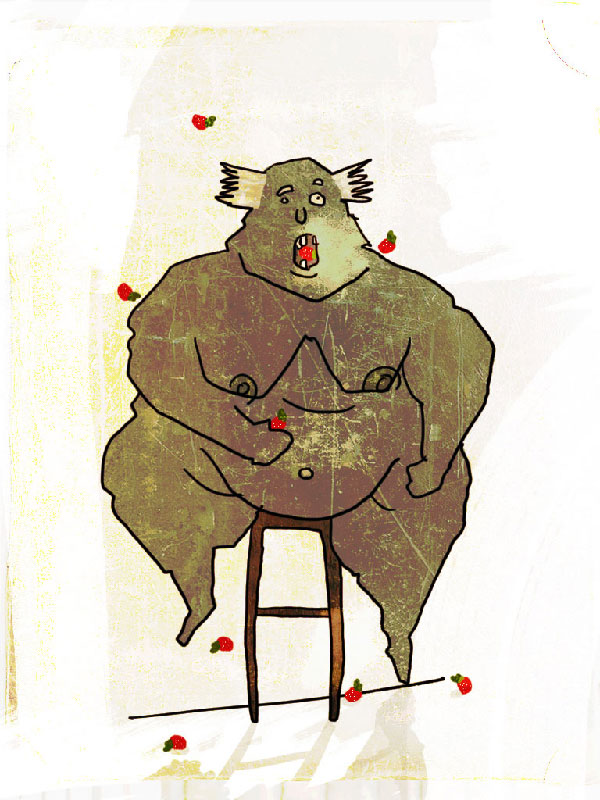 Digital painting of a large green man eating strawberries while sitting on a stool.