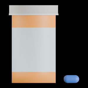 3D image of a pill bottle and a blue pill on a black background.