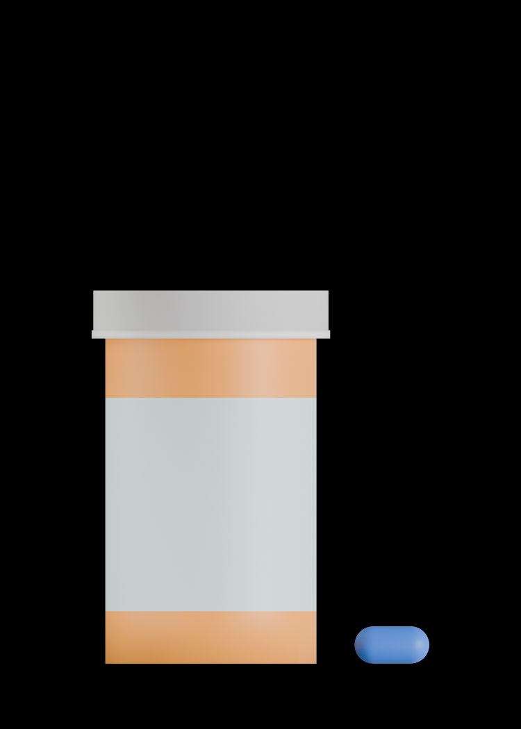 3D image of a pill bottle and a blue pill on a black background.
