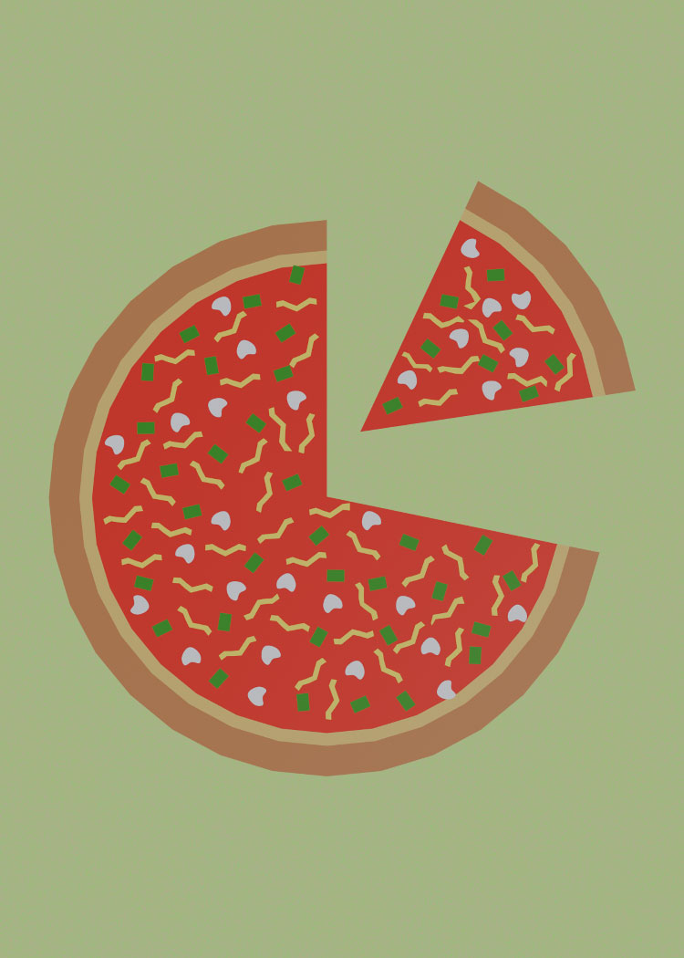 Vector image of a pizza with toppings on a green background