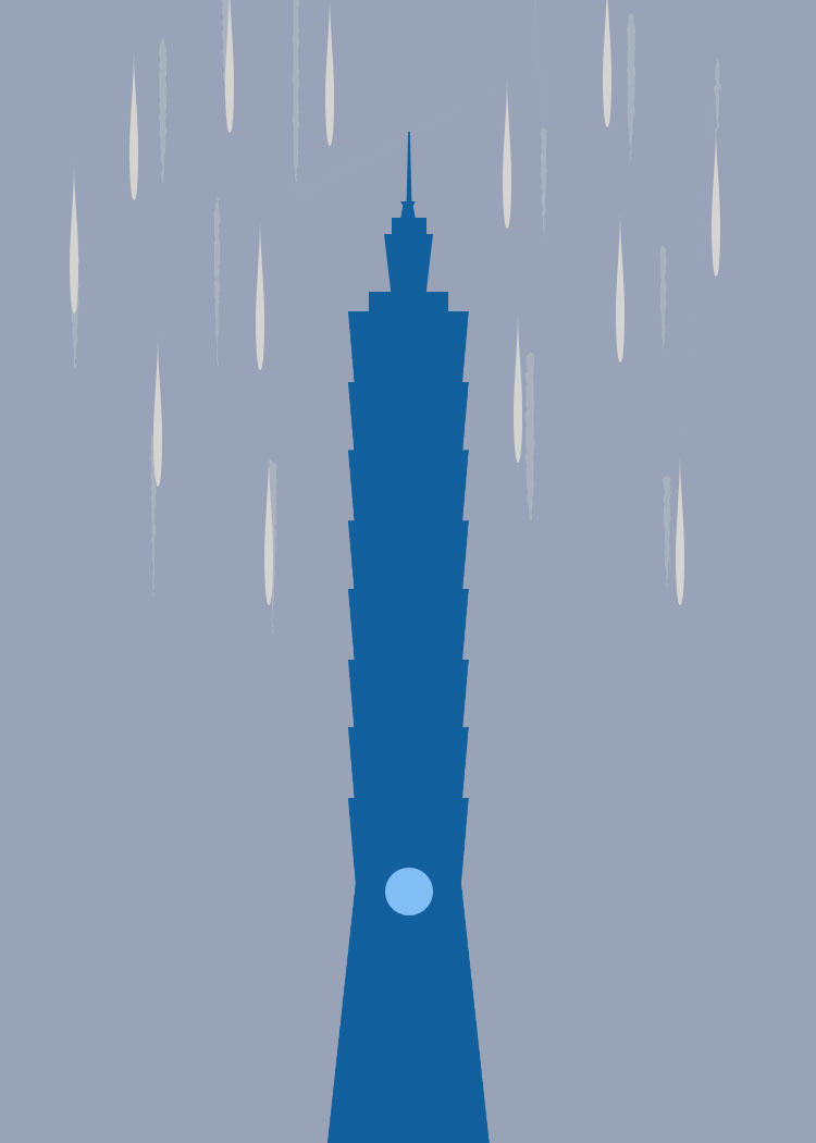 Illustration of the Taipei 101 skyscraper surrounded by rain drops on a blue background.