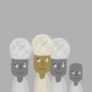 Digital painting of a group of kids all wearing turbans, only one kid is smiling.