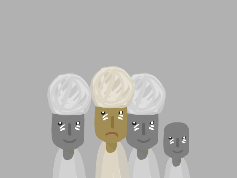 Digital painting of a group of kids all wearing turbans, only one kid is smiling.