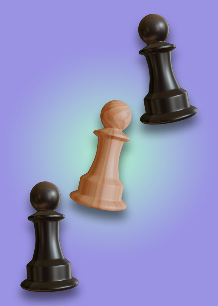 3D image of 3 pawns, two black, 1 white, on a purple background