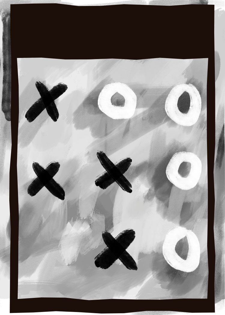 A black and white painting of a tic-tac-toe game inside a black frame.