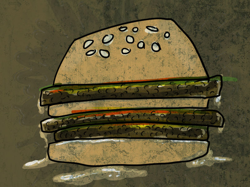Digital painting of a greasy hamburger.